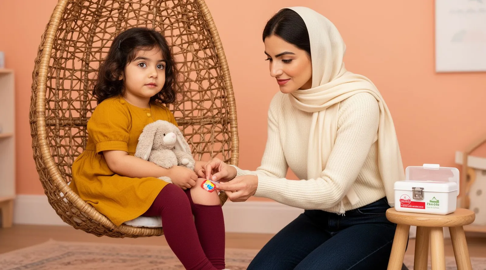 مادر با شال سبک کنار دختر دوونیم‌ساله روی صندلی حصیری آویزان، روی زانوی کودک چسب زخم رنگی می‌گذارد