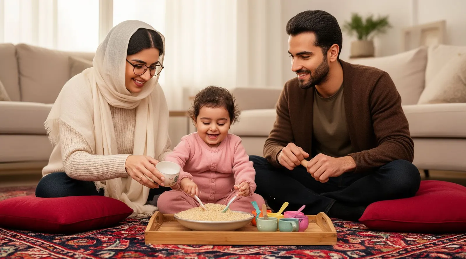 پدر و مادر روی فرش ایرانی کنار کودک دوسالهای هستند که دستهایش را در سینی برنج فرو برده و میخندد
