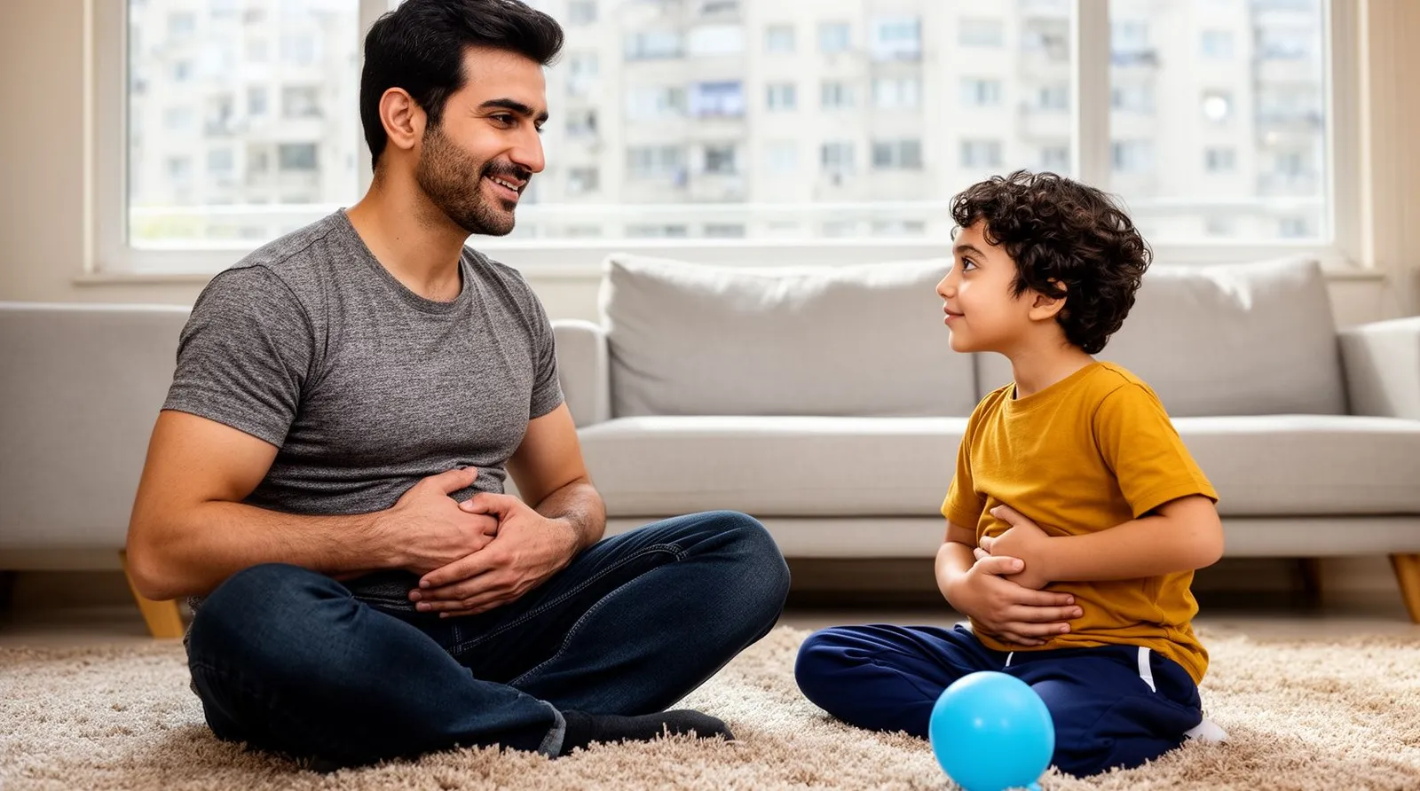 پدر و پسر سه‌ساله روبه‌روی هم روی فرش اتاق نشیمن نشسته‌اند و دست روی شکم، با هم آرام نفس عمیق می‌کشند