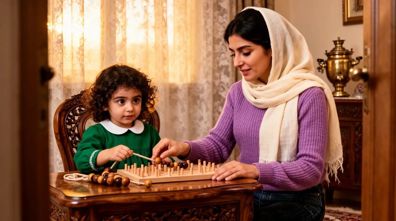 دختر سهساله با پیراهن سبز زمردی پشت میز چوبی مهرهها را به نخ میکشد و مادرش با شال سبک مهرهای به او میدهد