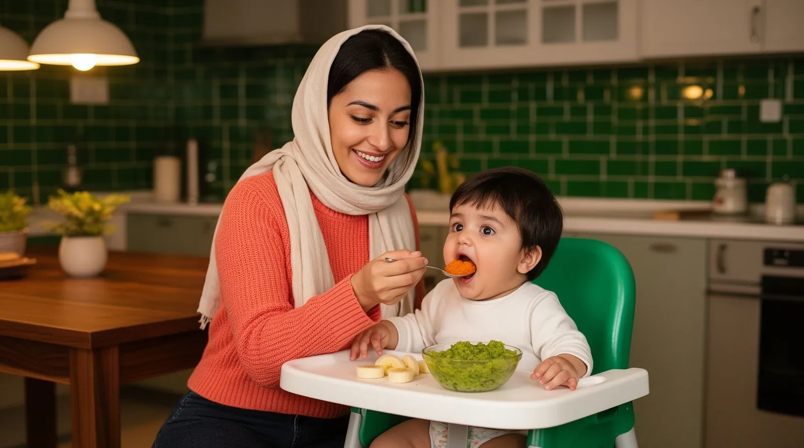 مادر با شال سبک در آشپزخانه کاشی سبز زمردی به پسر هشت‌ماهه‌اش در صندلی غذا پوره هویج می‌دهد