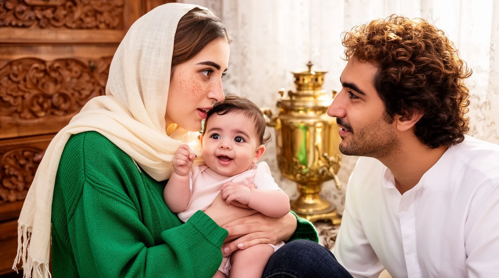 مادر با شال سبک بچه سهماههاش را رو به رو نگه داشته و پدر کنارشان با او حرف میزند