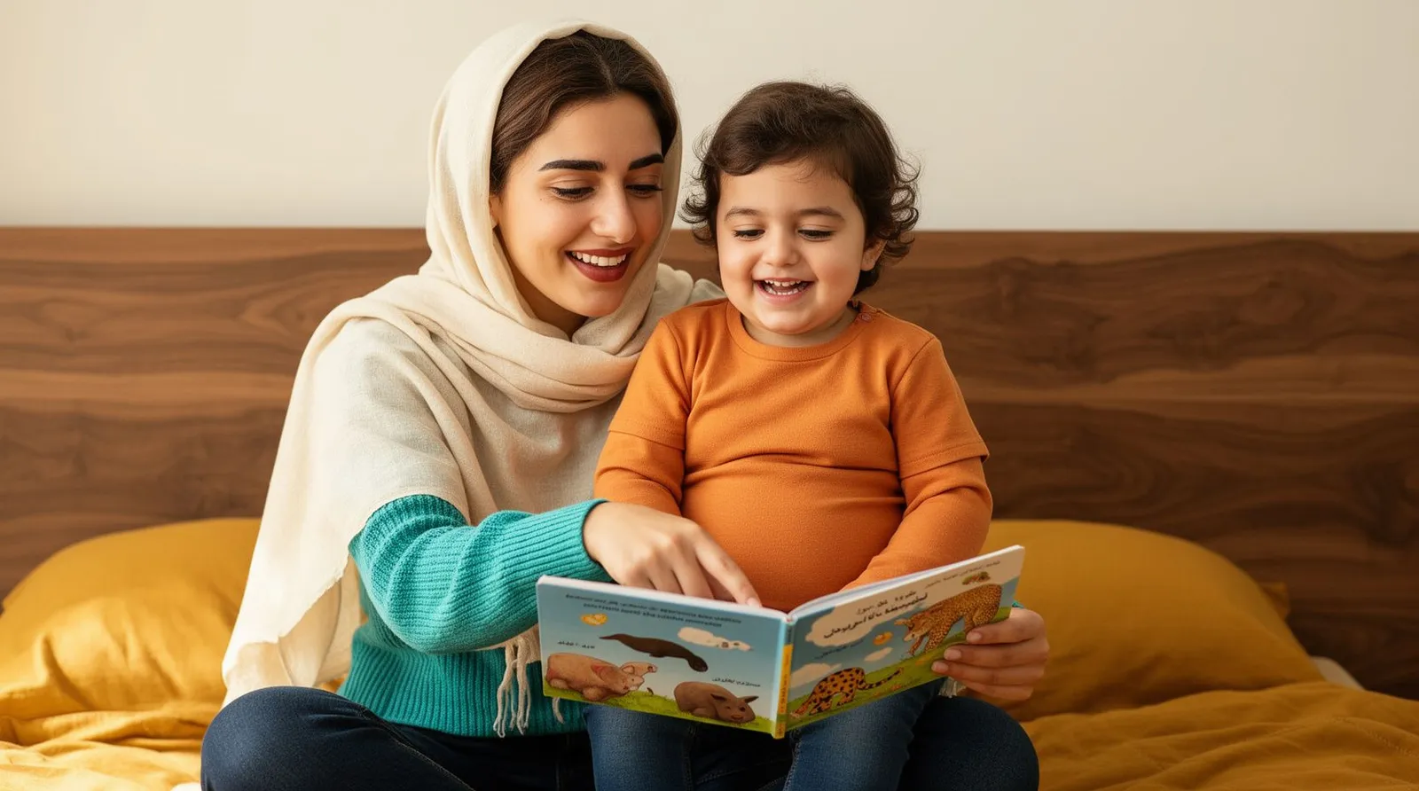 مادر با شال سبک روی تخت کنار دوساله‌اش نشسته و اسم حیوان‌های کتاب تصویری را می‌گوید
