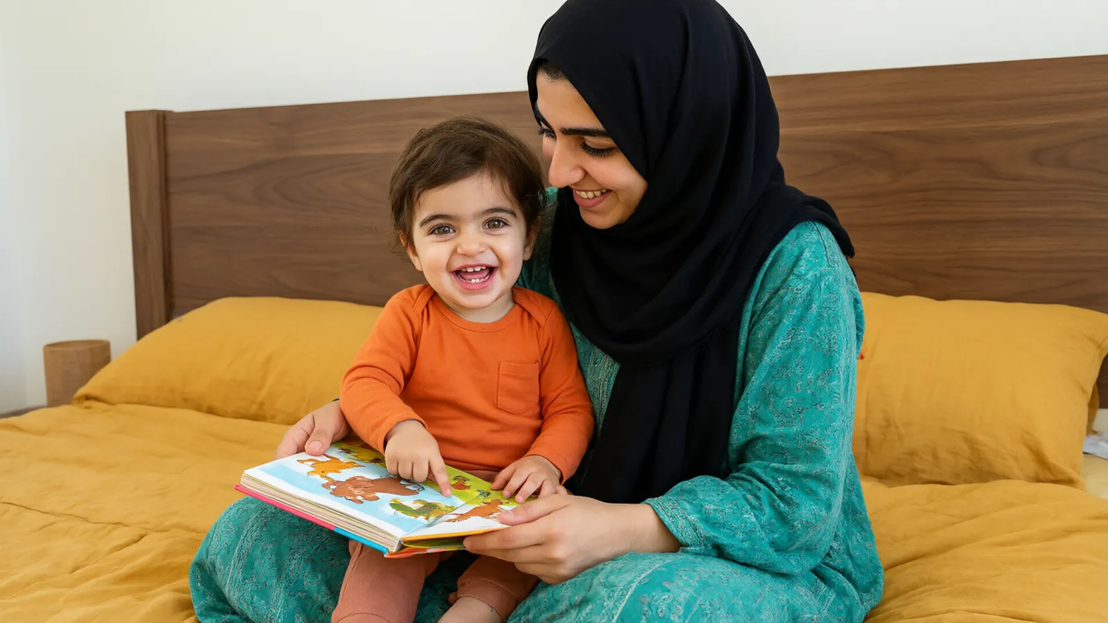 کودک دوساله روی پای مادر چادری روی تخت با روتختی خردلی به تصویر حیوان در کتاب اشاره میکند