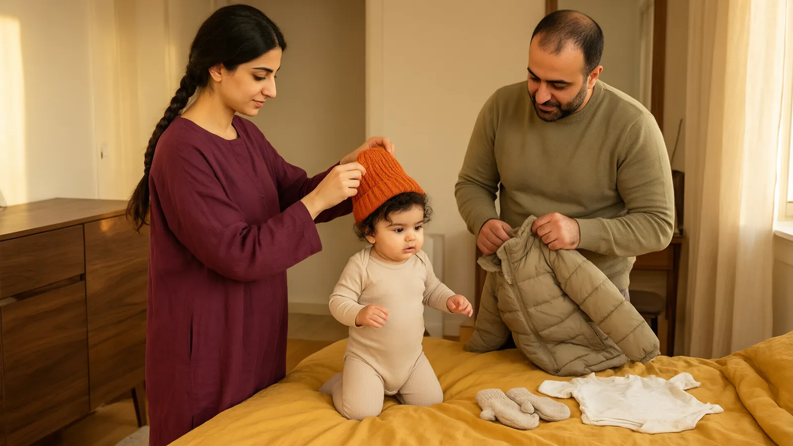 پدر و مادر روی تخت با روتختی خردلی به نوزاد نهماهه کلاه نارنجی و کاپشن زمستانی میپوشانند