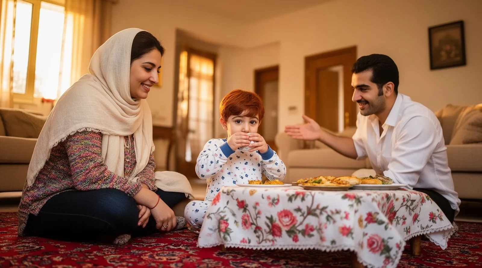 مادر با شال سبک کنار سفره کوچک به پسرش لبخند میزند و پدر به سمت راهرو اشاره میکند