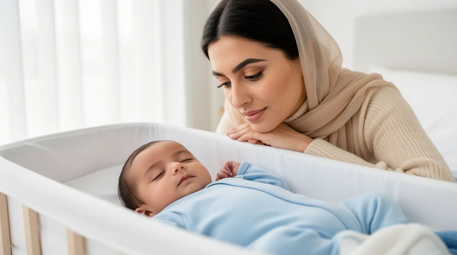 نوزاد شش‌هفته‌ای در گهوارهٔ ساده به پشت خوابیده و مادر کنارش آرام نگاهش می‌کند