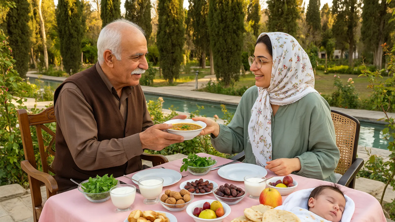 پدربزرگ در باغ ایرانی برای مادر شیرده سوپ عدس می‌آورد و نوزاد دوماهه کنارشان در گهواره خوابیده است