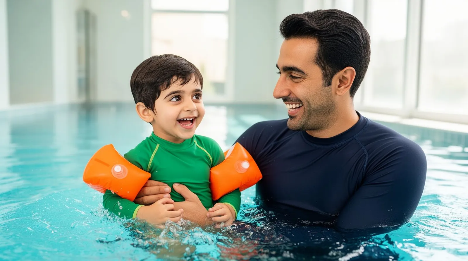 پدر داخل آب استخر کنار پسر سه‌ساله با بازوبند ایستاده و مراقب اوست