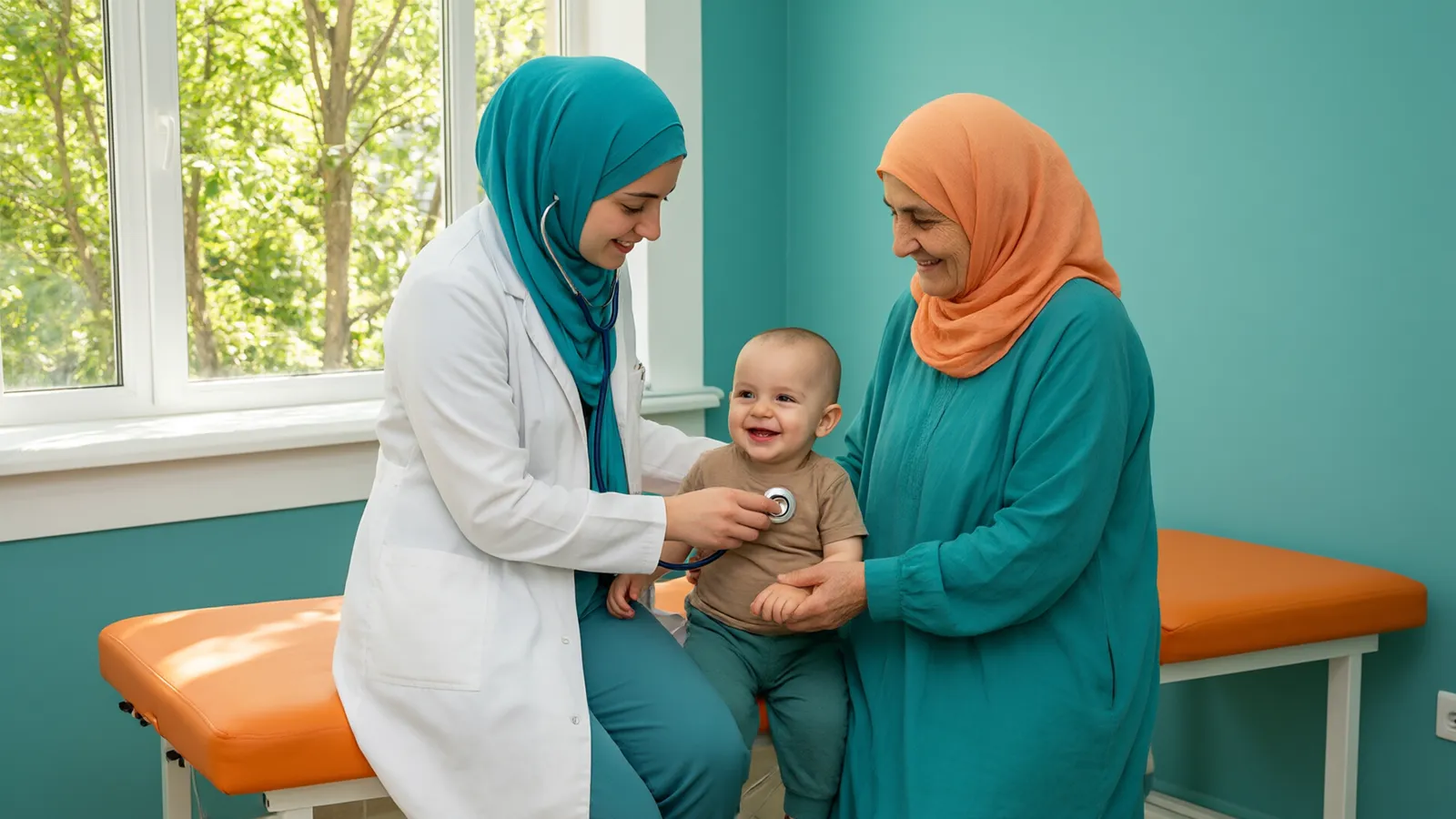 پزشک کودک با گوشی پزشکی پسر یکساله را معاینه میکند و مادربزرگ با روسری نارنجی دستش را گرفته است