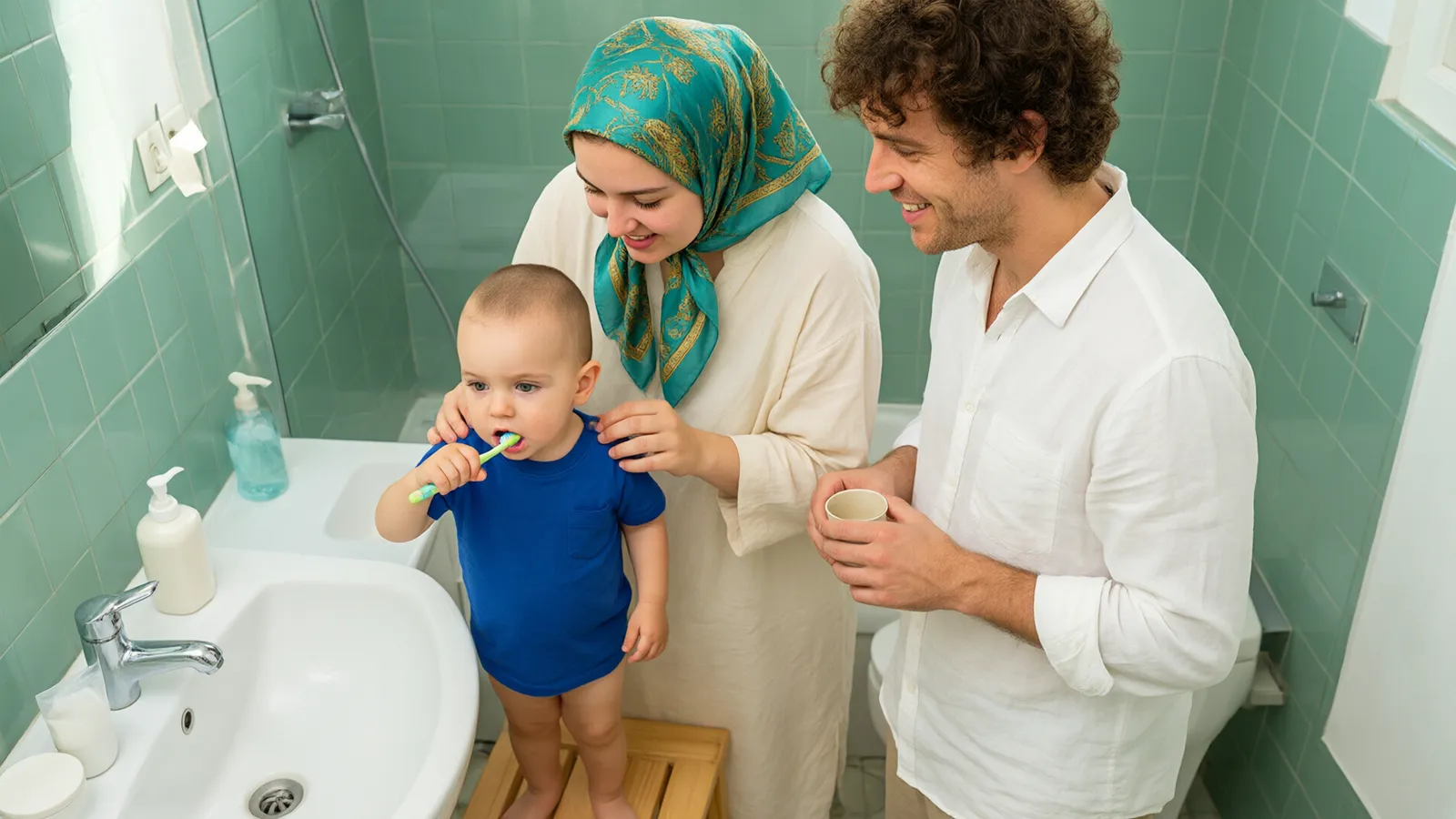 کودک نوپا روی چهارپایه کنار روشویی با کاشی سبز دریایی مسواک میزند و پدر و مادرش کمکش میکنند.