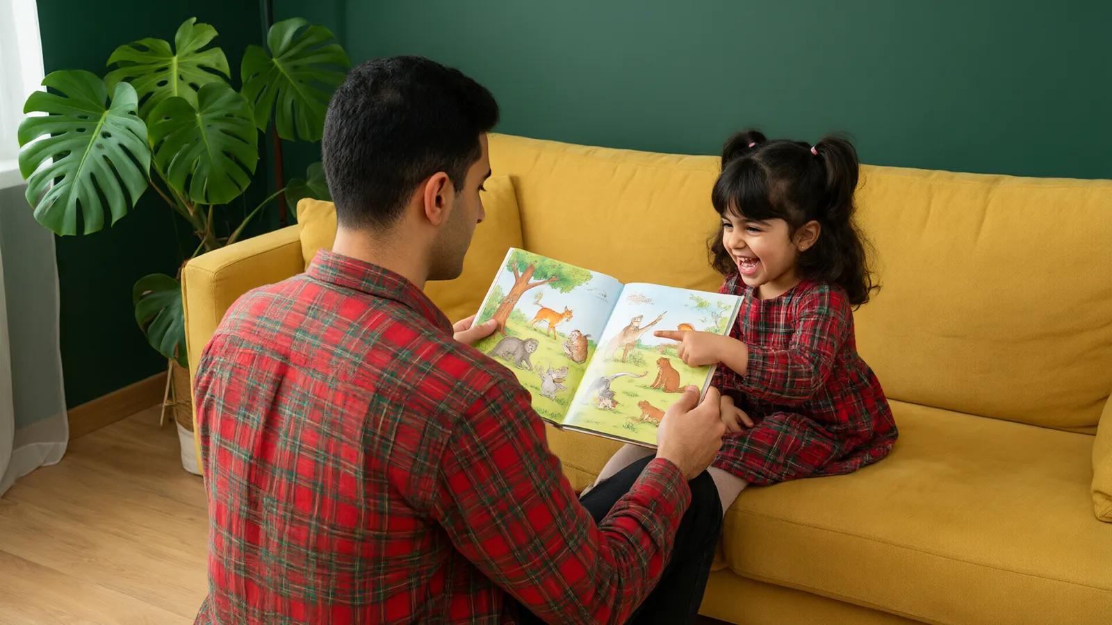 پدر با پیراهن چهارخانه قرمز و سبز در اتاق سبز تیره برای دختر چهارساله‌اش کتاب تصویری می‌خواند.