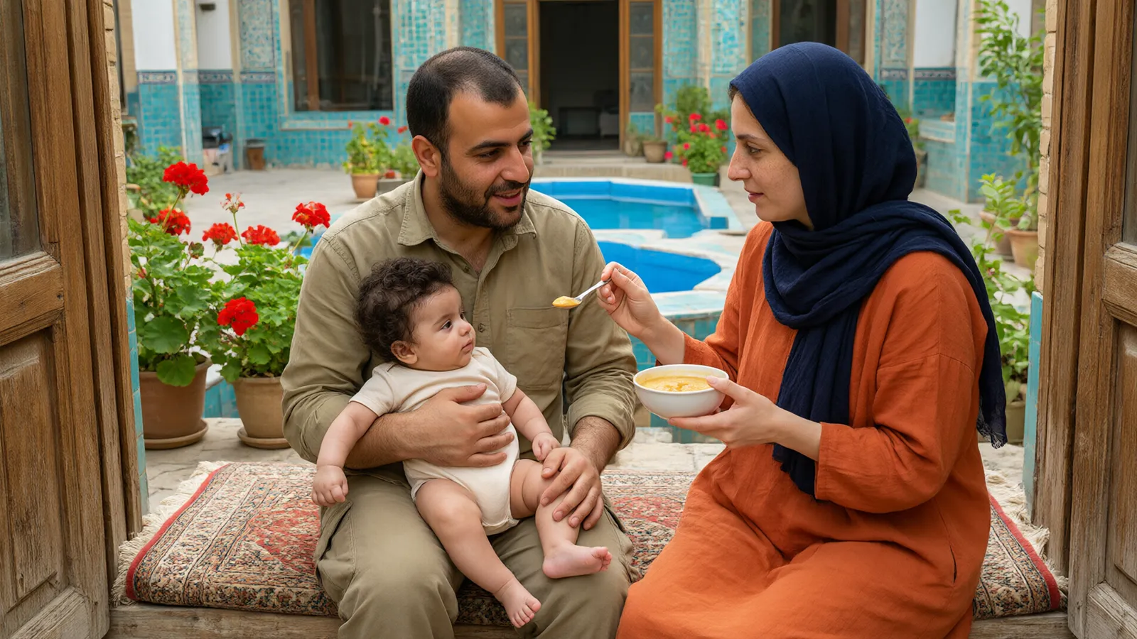 پدر و مادری در حیاط سنتی با حوض آبی، اولین قاشق غذای نرم را به نوزاد پنجماههشان میدهند.