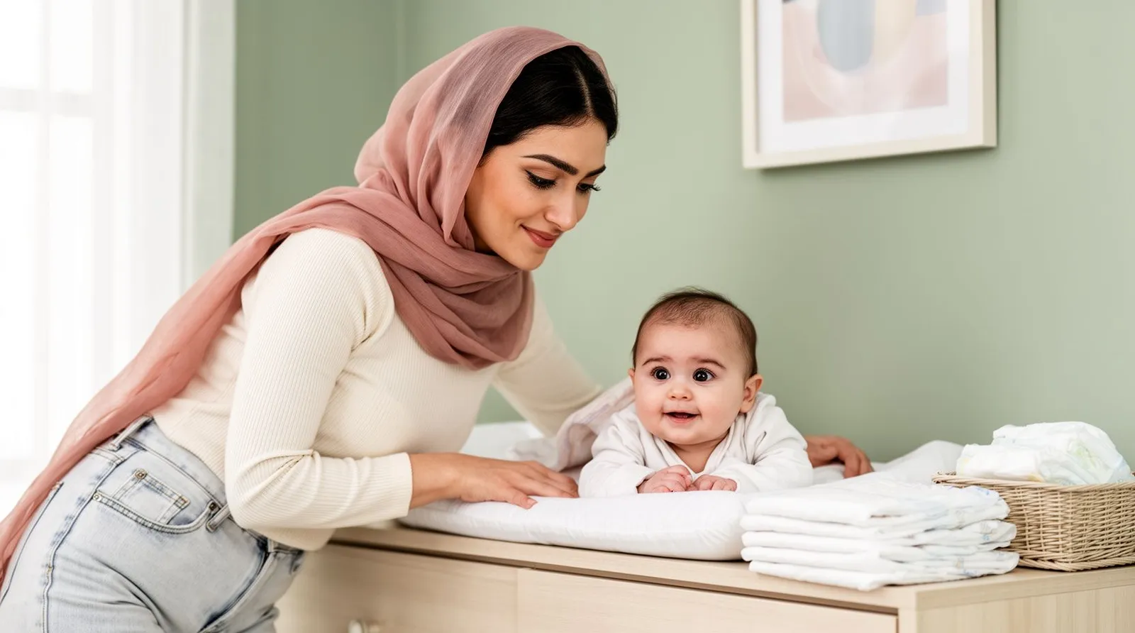 مادر کنار میز تعویض، نوزاد شش‌ماهه را نگاه می‌کند و پوشک پارچه‌ای و یکبارمصرف کنارش است