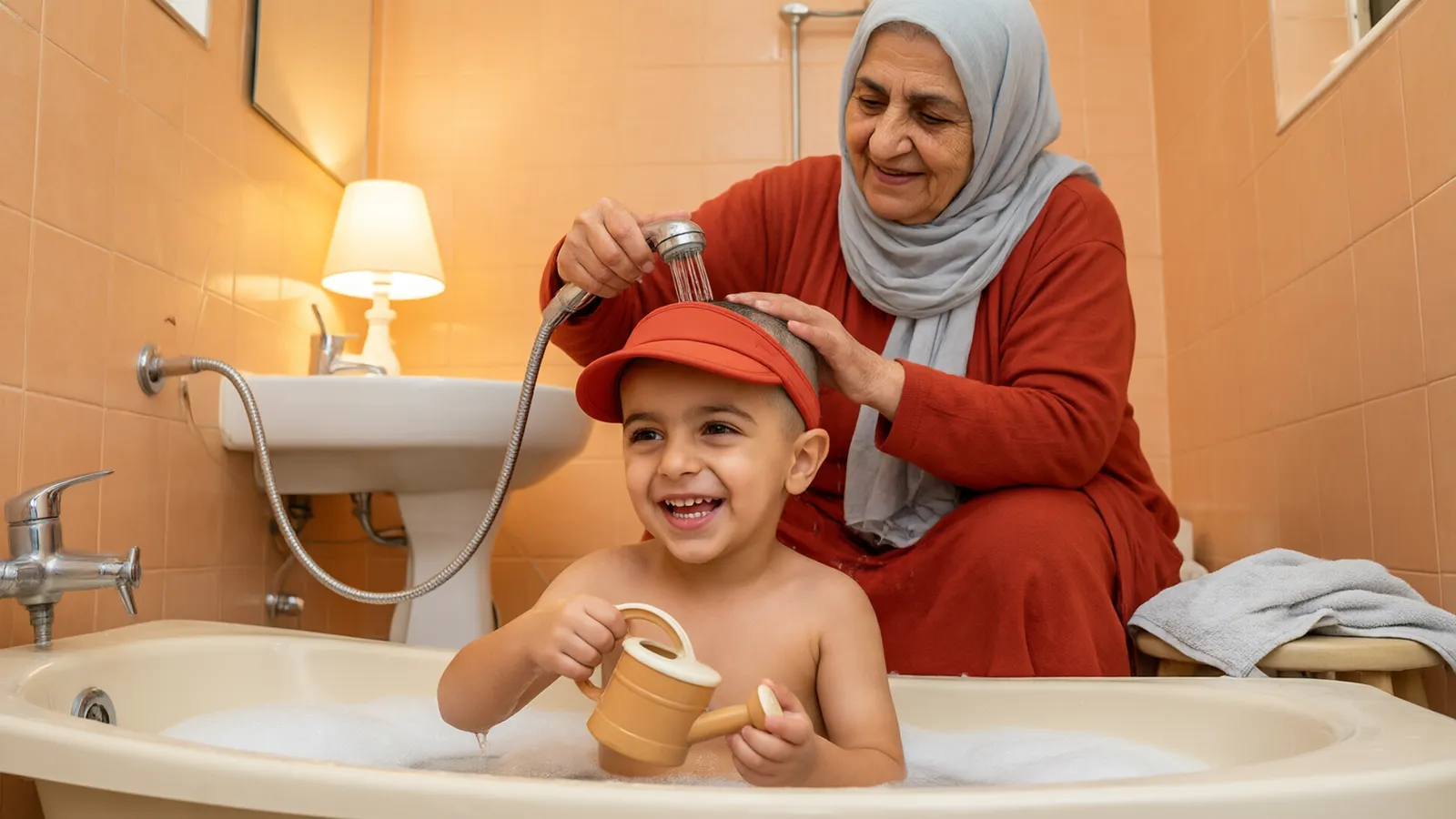 مادربزرگ با روسری خاکستری در حمام کاشی هلویی سر پسر چهارساله با کلاه حمام قرمز را آرام آب میکشد