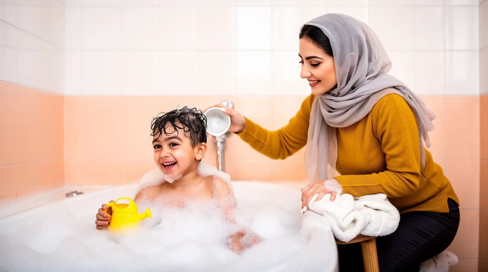 پسر چهارساله در وان پر از کف می‌خندد و مادر کنار وان با لیوان آب روی موهایش می‌ریزد