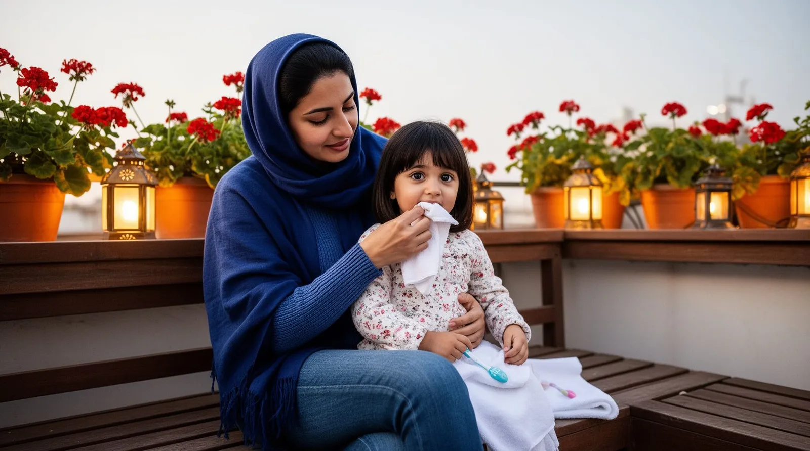 مادر با شال سبک روی نیمکت، دندان‌های جلوی دختر دوونیم‌ساله‌اش را با پارچهٔ نمدار تمیز می‌کند
