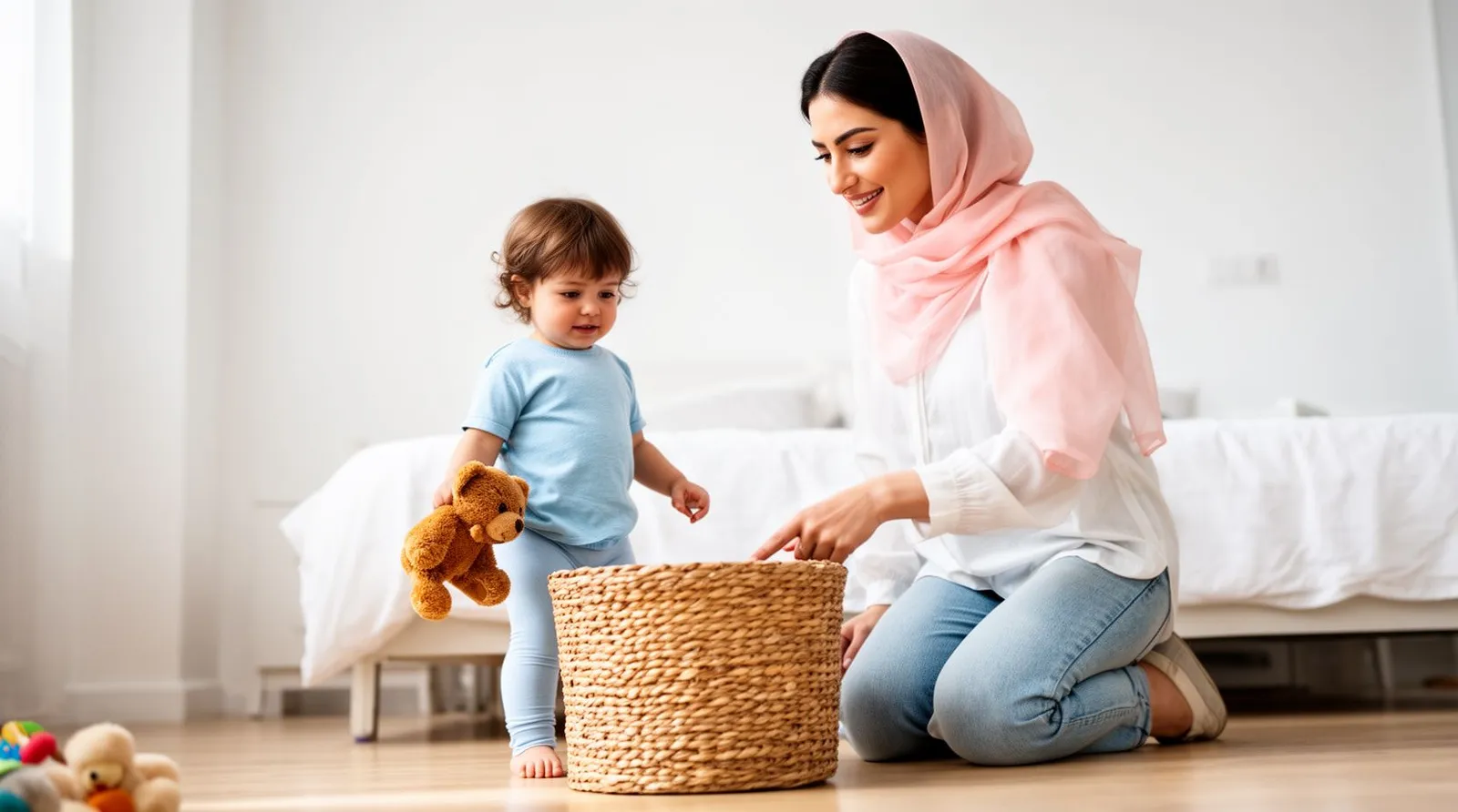 مادر به سبد اشاره میکند و دختر شانزدهماهه عروسکش را به سمت سبد میبرد