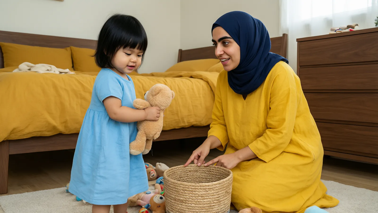دختر شانزده ماهه به درخواست مادر خرس عروسکی را در سبد میگذارد، در اتاقی با مبلمان گردویی و روتختی خردلی