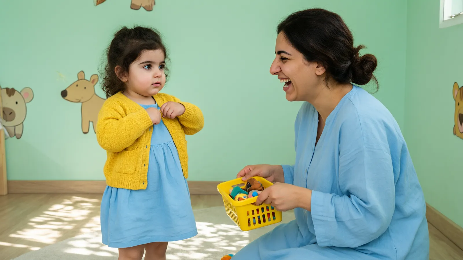 دختر دوساله با پیراهن آبی آسمانی خودش ژاکت زرد میپوشد و مادر با موهای جمعشده کنارش میخندد