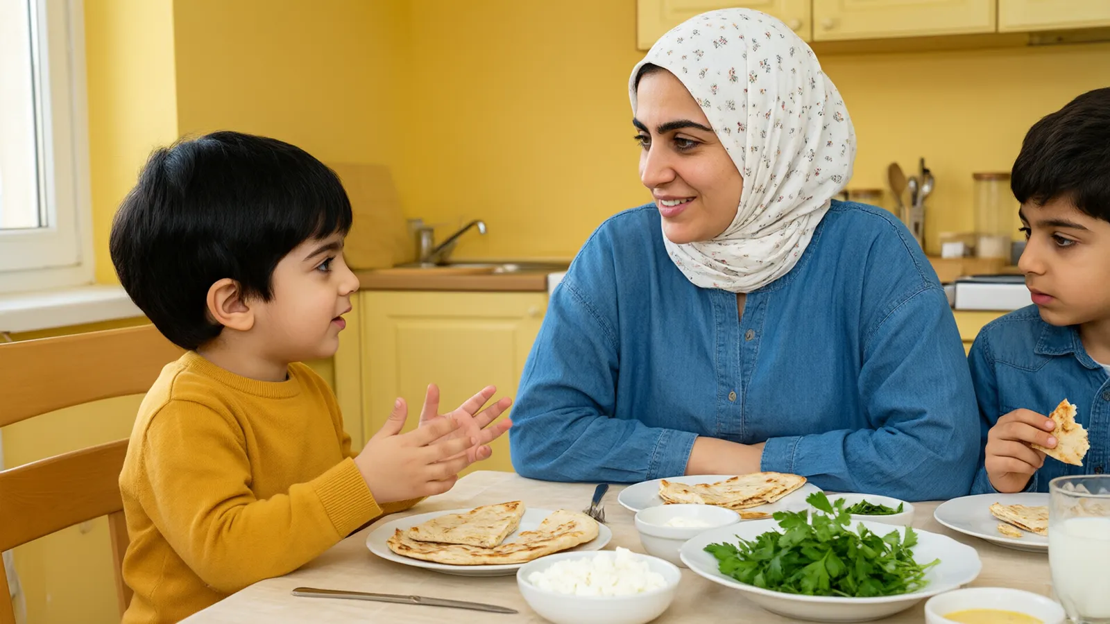 مادر سر میز صبحانه در آشپزخانه زرد با حوصله و لبخند به حرفهای پسر سهسالهاش گوش میدهد