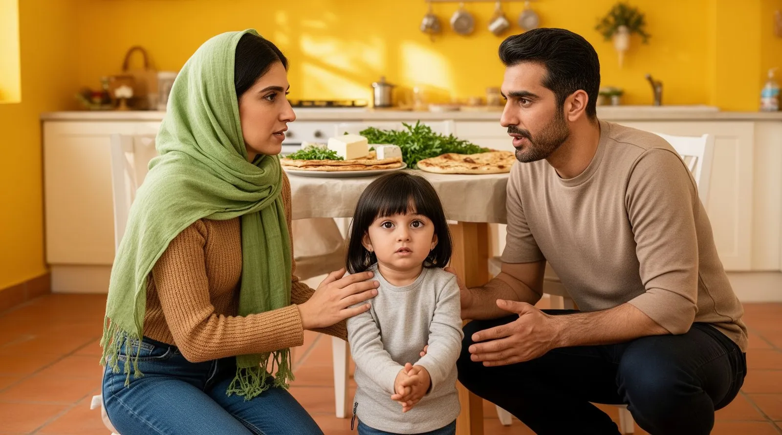 پدر و مادر کنار دخترشان زانو زدهاند و آرام با او حرف میزنند، دخترک سرش را تکان میدهد
