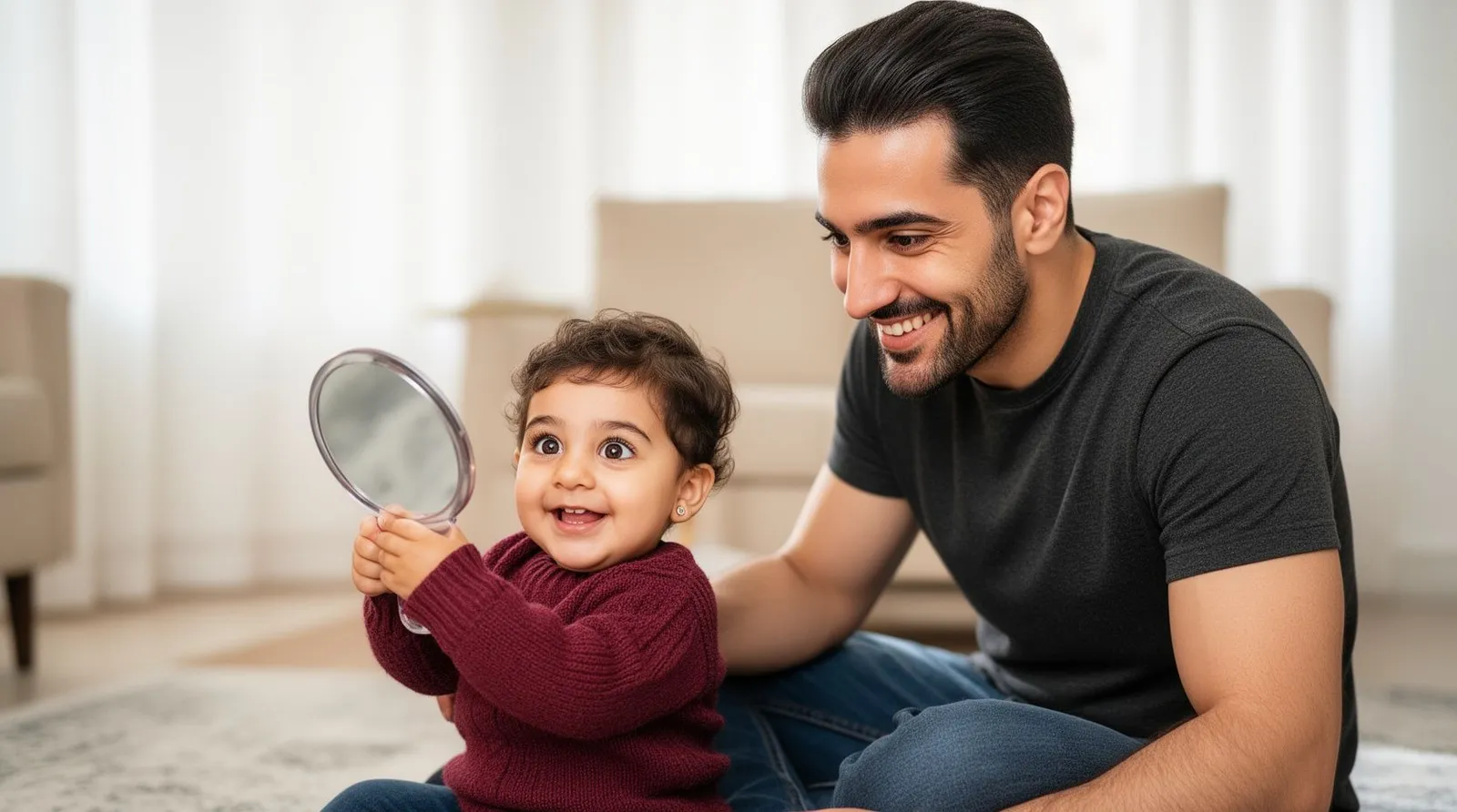 کودک پانزدهماهه آینهٔ کوچک کودک را در دست گرفته و به خودش لبخند میزند و پدر کنارش است