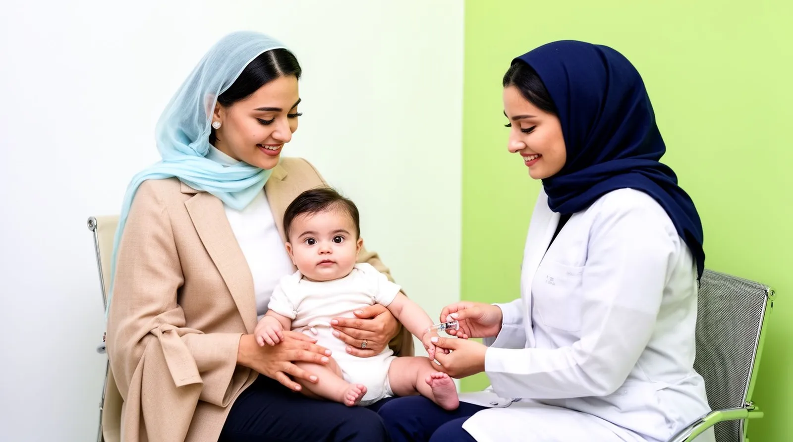 مادر نوزاد چهارماهه را در بغل گرفته و پرستار در مرکز بهداشت آمادهٔ واکسن زدن است