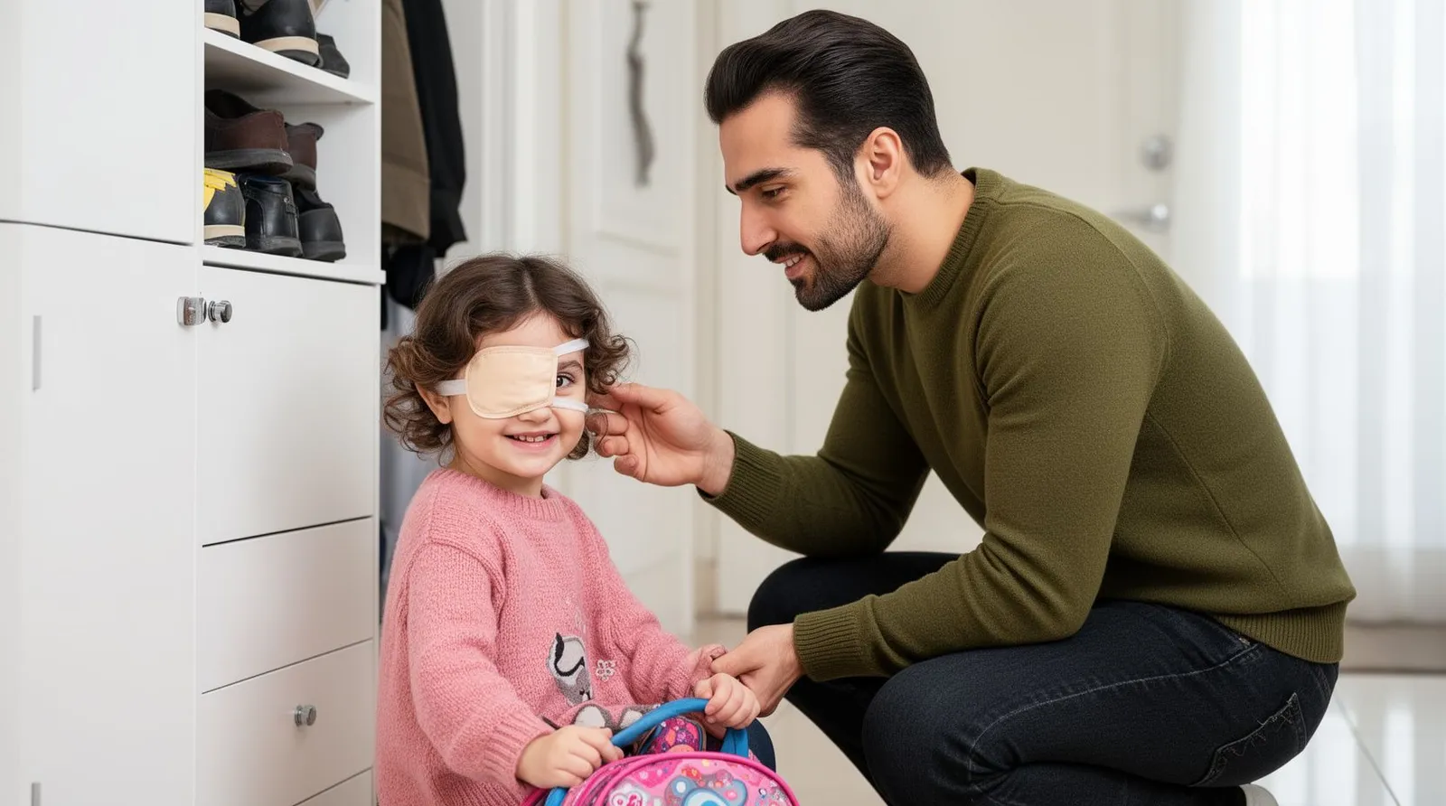پدر جلوی دختر چهارساله زانو زده و چسب چشمش را مرتب می‌کند