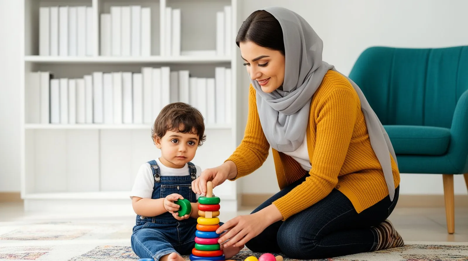 مادر کنار پسر هجده‌ماهه نشسته و با حوصله حلقه چیدن او را نگاه می‌کند