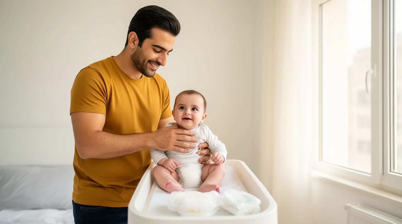 پدر کنار میز تعویض، پوشک نوزاد چهارماهه را عوض می‌کند و دستش روی شکم اوست