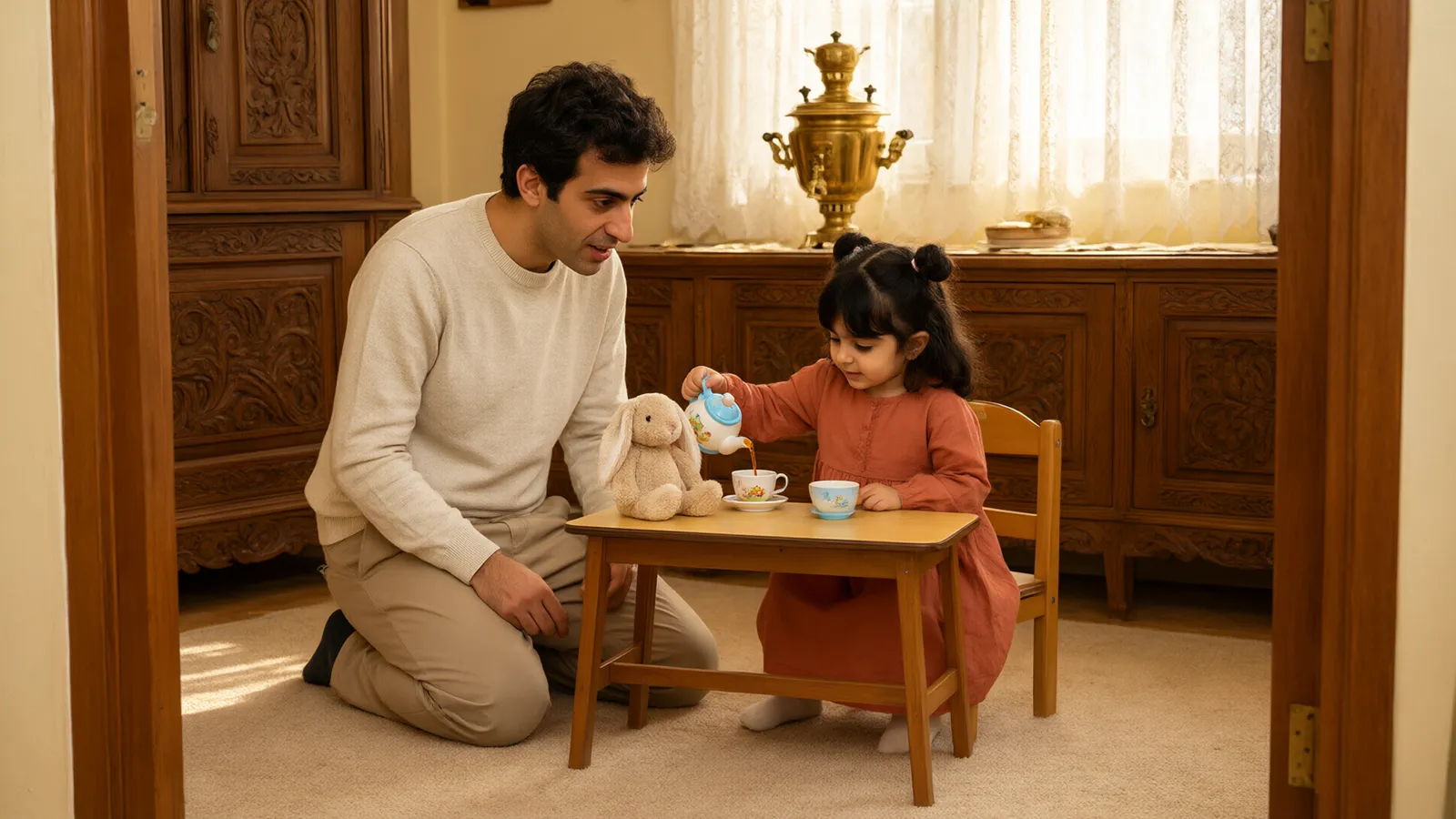 دختر چهارساله در خانه پدربزرگ کنار سماور برنجی مهمانی چای خیالی گرفته و پدرش با کنجکاوی همراهی می‌کند.