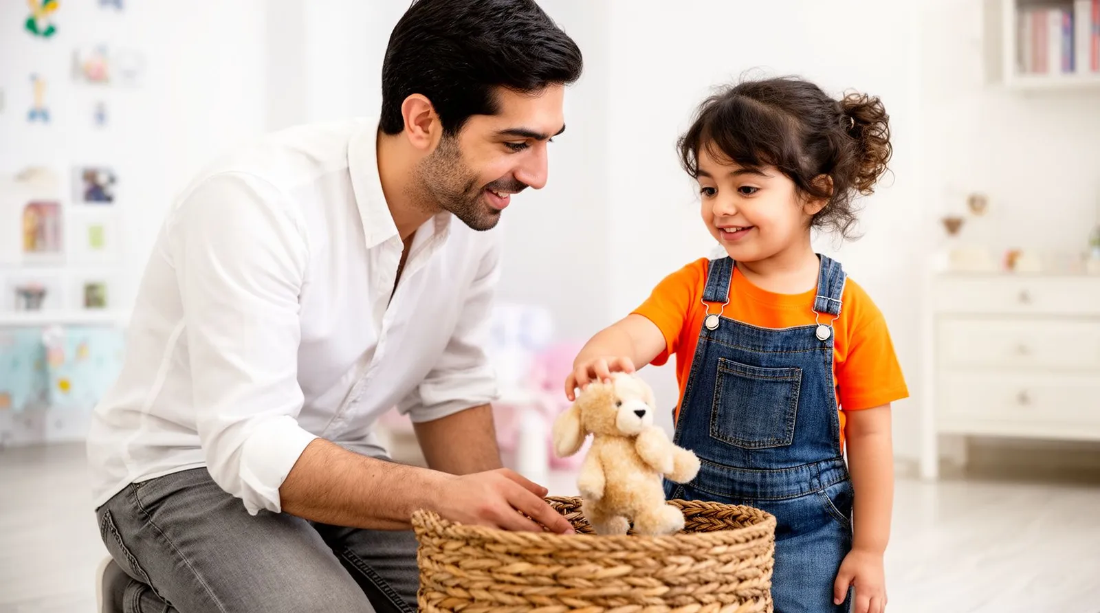 پدر همقد دختر سهساله زانو زده و از او میخواهد عروسک را در سبد بگذارد