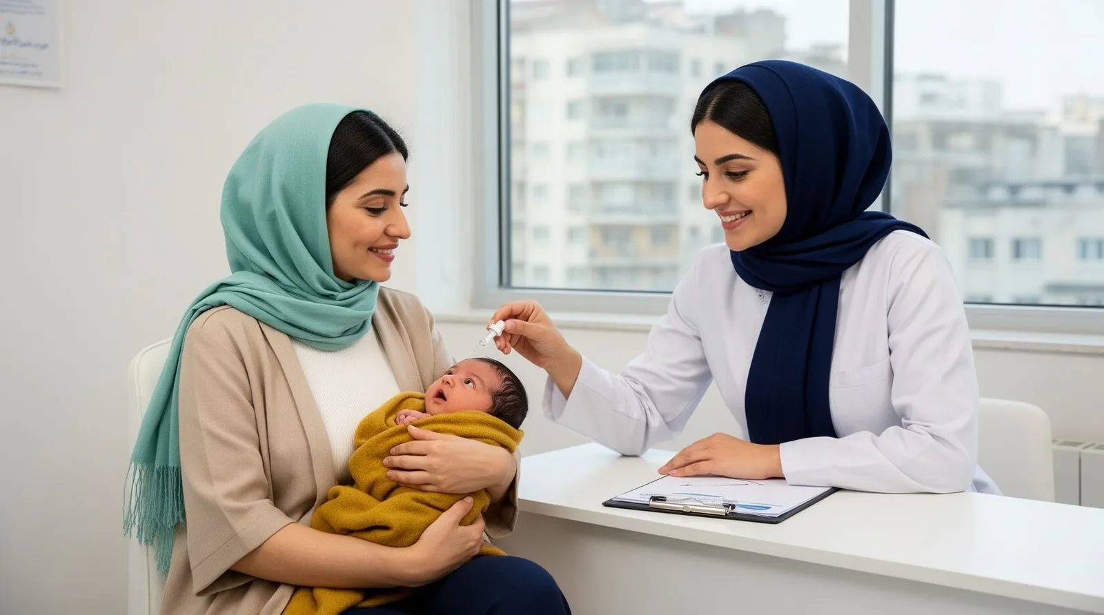 مراقب سلامت با مقنعهٔ سرمه‌ای و روپوش سفید در مرکز بهداشت به نوزاد سه‌هفته‌ای در آغوش مادر قطرهٔ خوراکی فلج اطفال می‌دهد