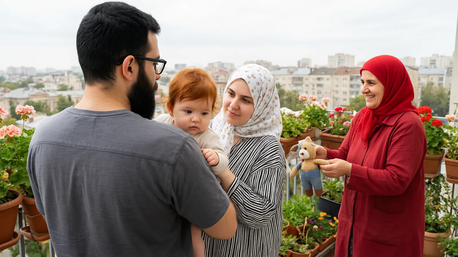 نوزاد خجالتی روی شانه مادر در بالکن پر از گلدان به خاله مهمان نگاه می‌کند و پدر کنارشان است