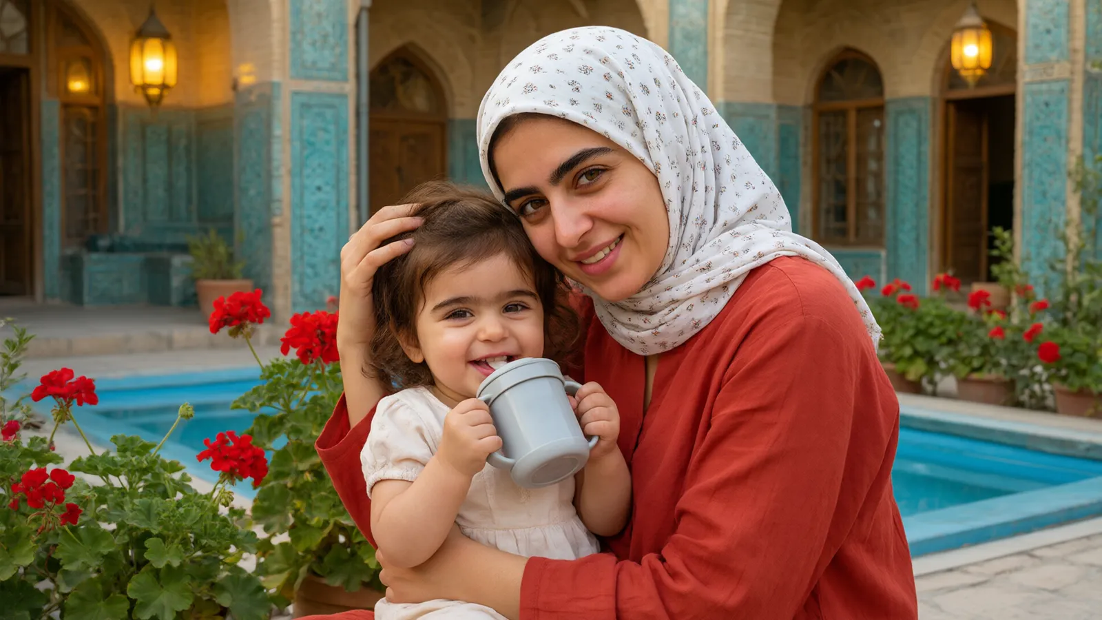 مادر با روسری گلدار در حیاط کاشی فیروزه‌ای دختر نوپایش را که با لیوان دسته‌دار شیر می‌نوشد در آغوش دارد