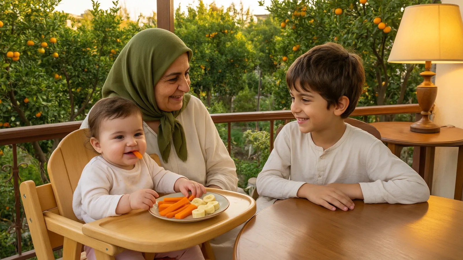 مادربزرگی در ایوان رو به باغ پرتقال، کنار نوزادی که با دستانش غذای نرم میخورد نشسته است.