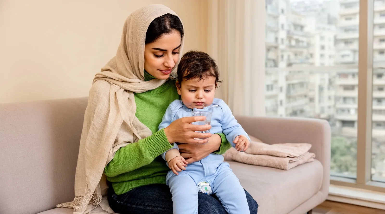 مادر با شال روشن، به کودک نوپای بیحال روی پایش با لیوان کوچک کمکم آب میدهد