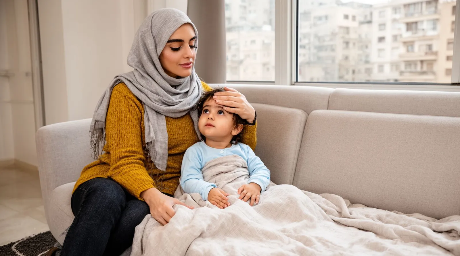 مادر با پشت دست پیشانی کودک نوپای بیمار را که زیر پتوی نازک کنارش نشسته لمس میکند
