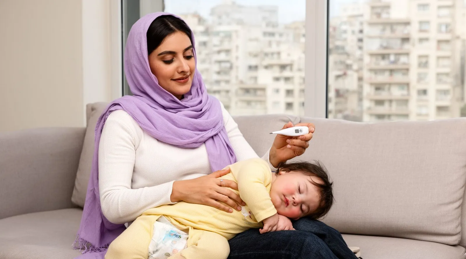 مادر با شال یاسی، کودک یک‌ساله را که روی پایش خوابیده نگه داشته و به دماسنج دیجیتال نگاه می‌کند
