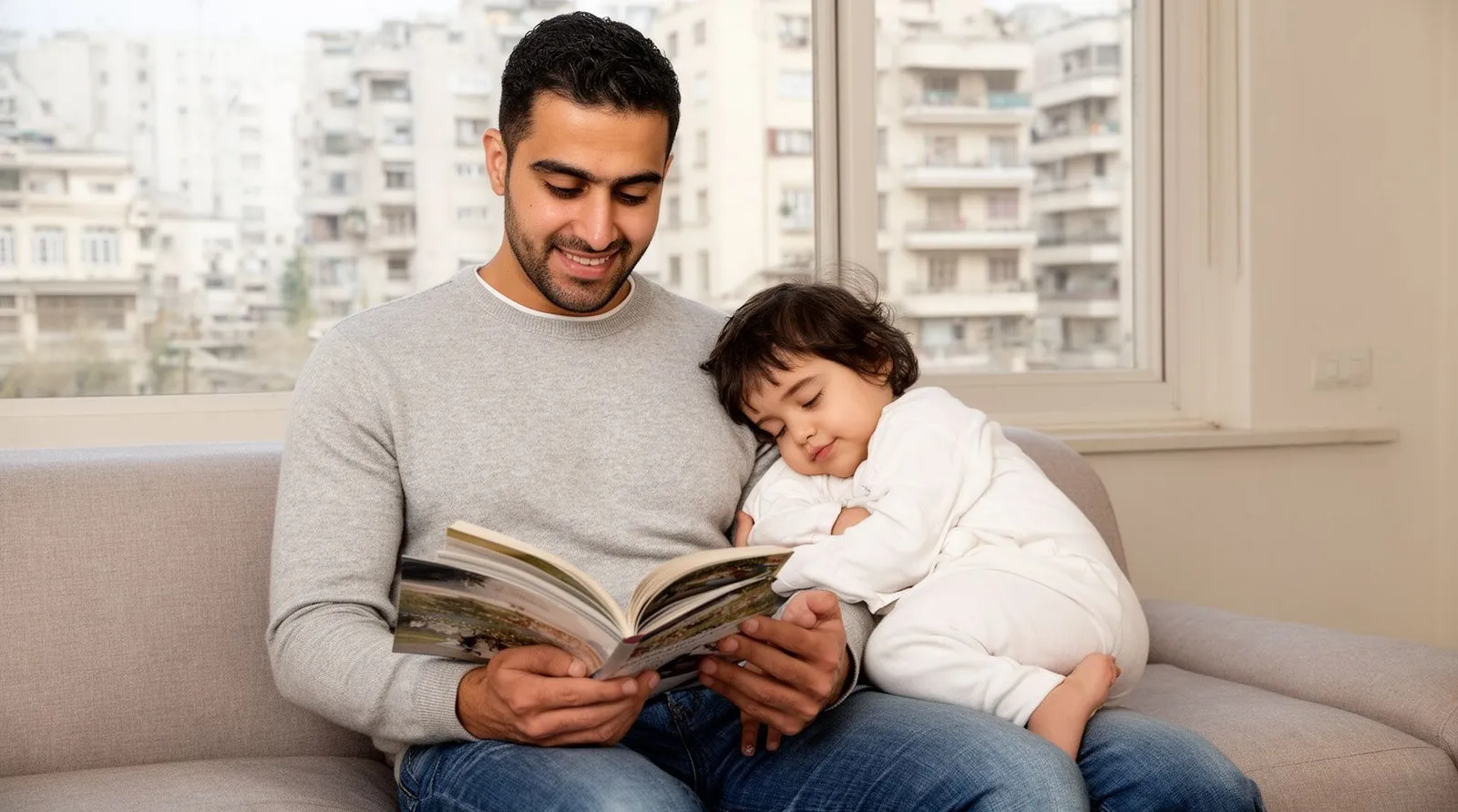 پدر کتاب تصویری به دست دارد و کودک نوپا در لباسخواب نخی گشاد کنارش به خواب رفته است