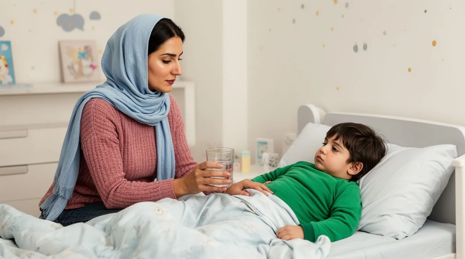 مادر لب تخت کودک نوپای بیمار نشسته و به او لیوان آب میدهد
