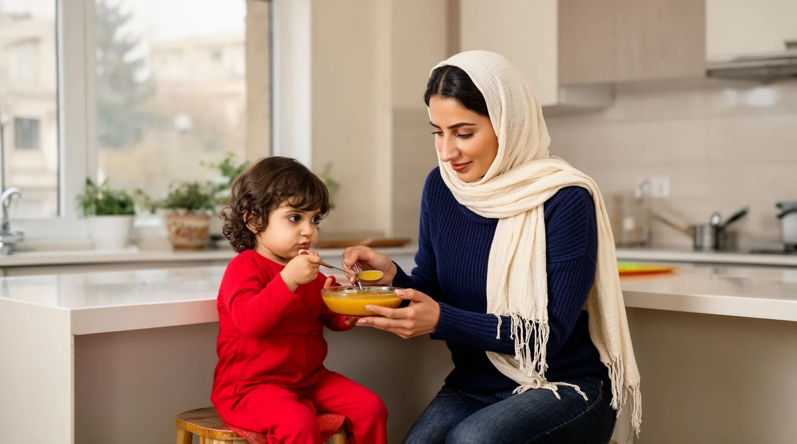 مادر کنار دختر سهساله که آرام سوپ ولرم میخورد