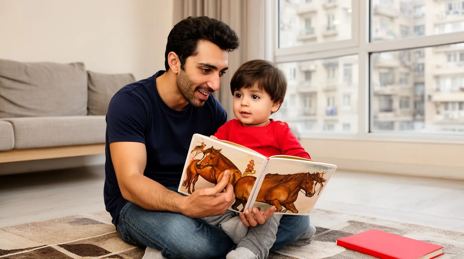 پدر ایرانی روی فرش کنار پسر ۲ ساله‌اش نشسته و با هم به تصویر کتاب نگاه می‌کنند