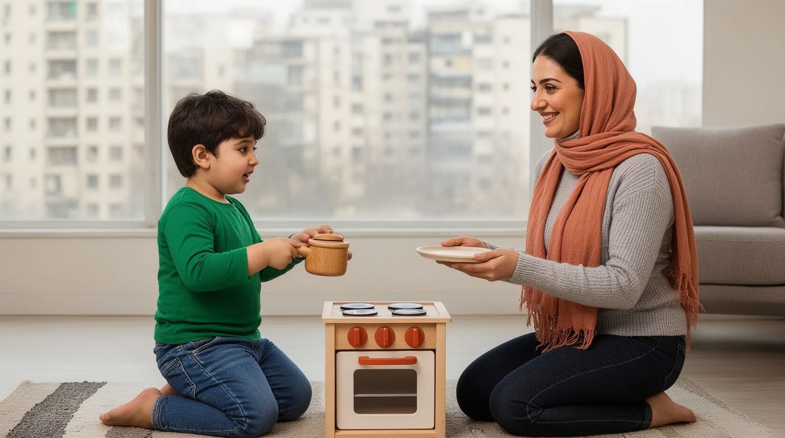 مادر ایرانی با پسر ۳ سالهاش با اسباببازیهای آشپزخانه بازی نقش میکند و با هم حرف میزنند