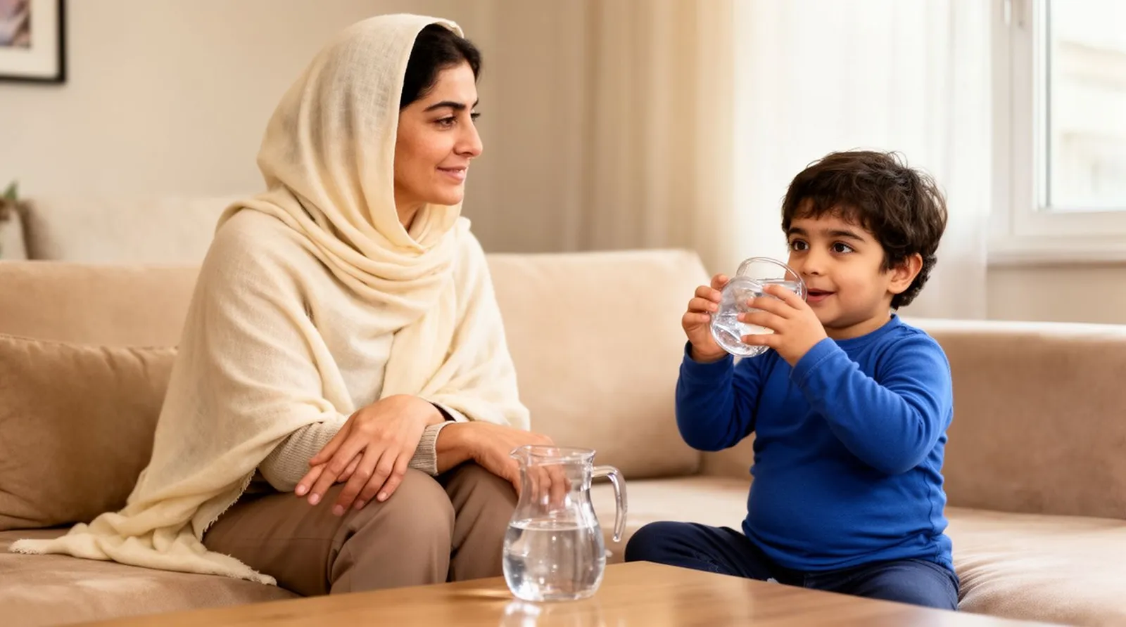مادر ایرانی با شال روشن روی مبل آپارتمان، کودک دوسالهاش کنارش با دو دست از لیوان کوچک آب مینوشد