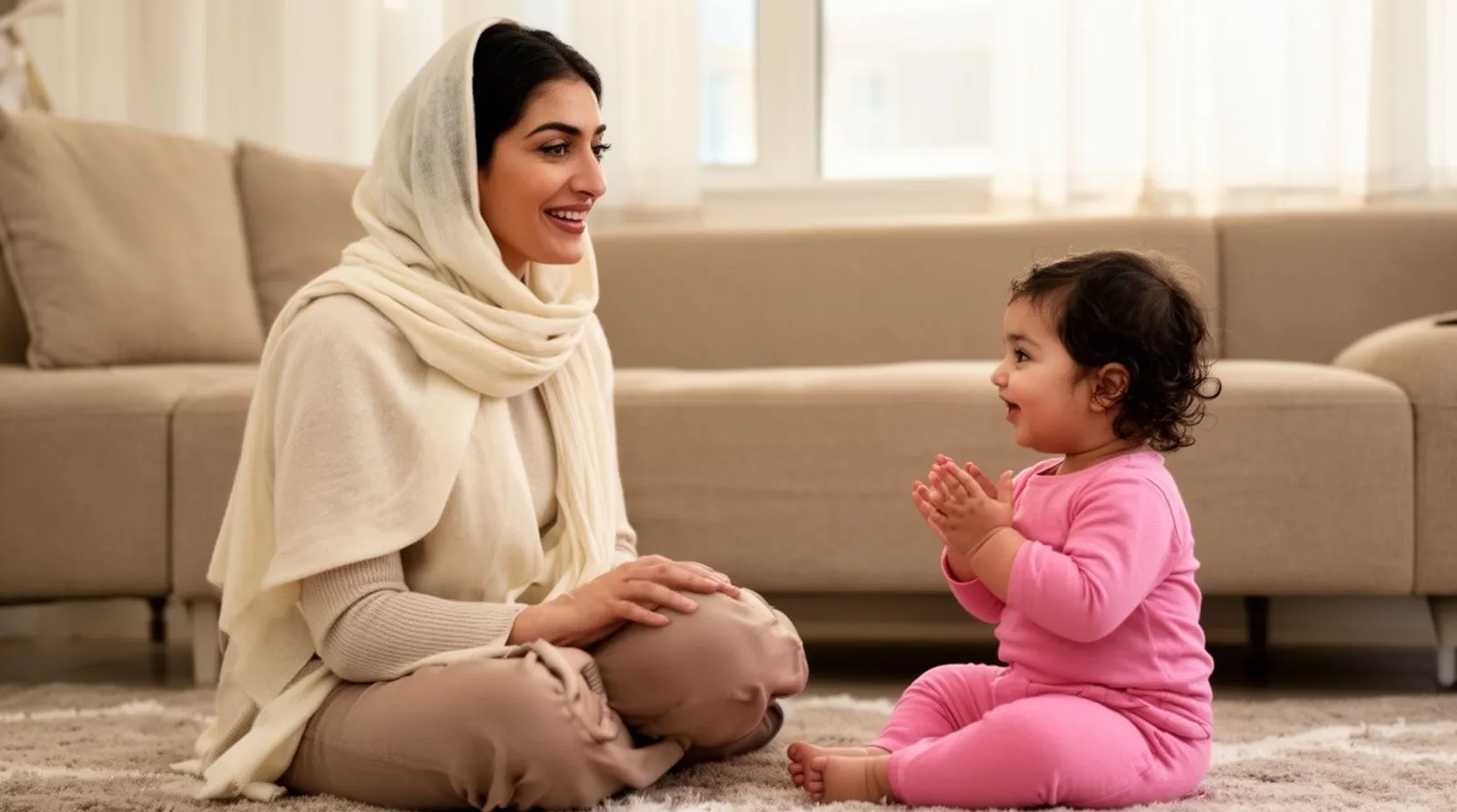 مادر ایرانی با شال روشن روی فرش آپارتمان روبهروی دختر یکسالهاش نشسته و کودک دست میزند