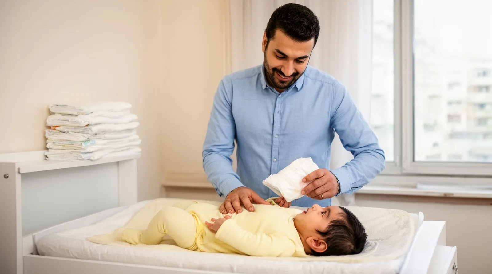 پدر کنار میز تعویض پوشک، دستش روی شکم نوزاد لباس‌پوشیده است و یک پوشک تمیز تاشده در دست دارد