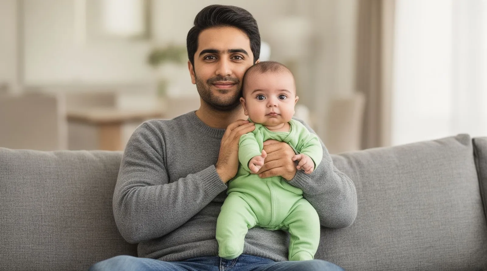 پدر نوزاد دوماهه را با لباس سرهمی سبز روشن صاف روی شانهاش گرفته و آرام لبخند میزند