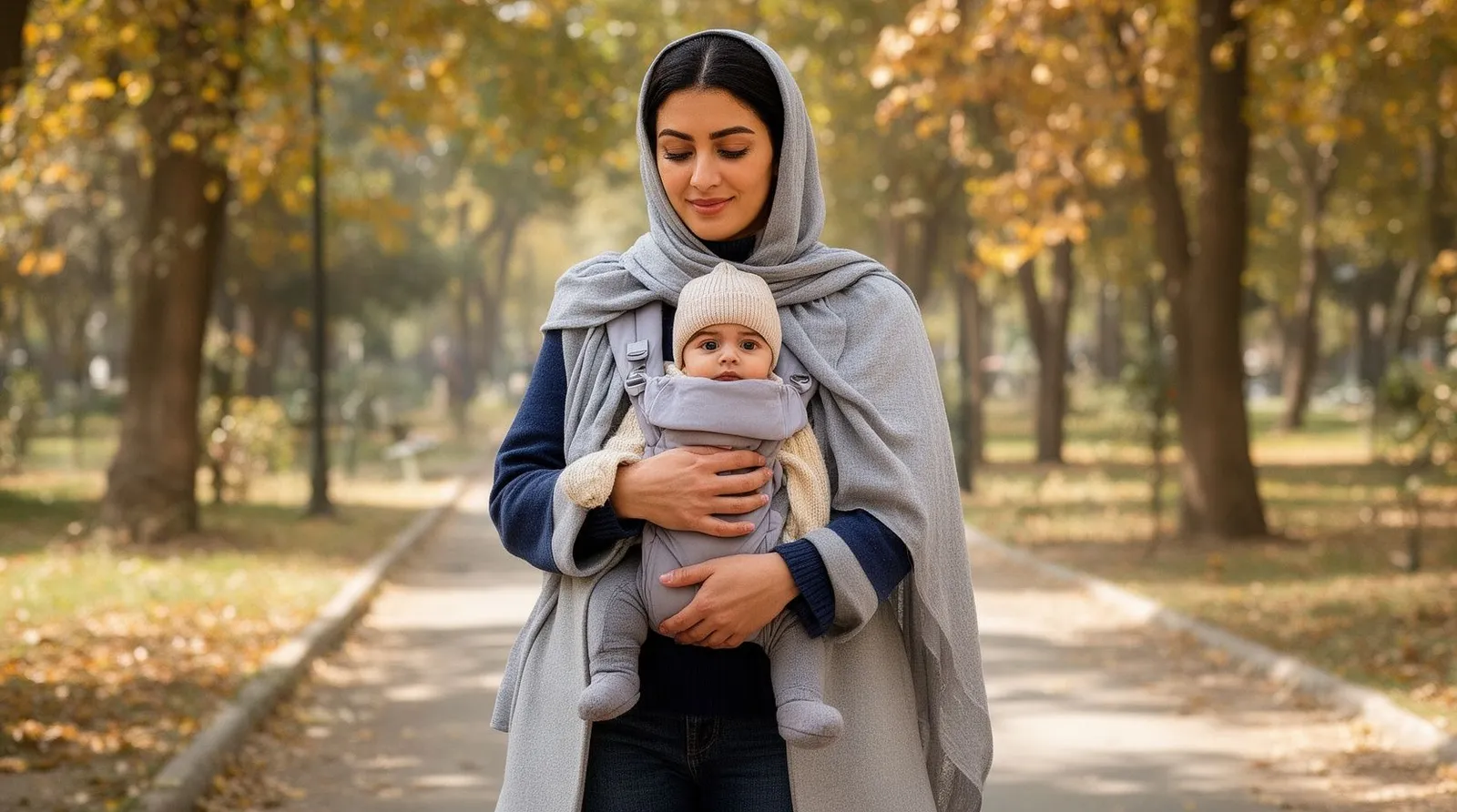 مادر نوزاد شش‌هفته‌ای را در آغوشی جلوی سینه، آرام در پارک خلوت و آفتاب ملایم پاییز راه می‌برد